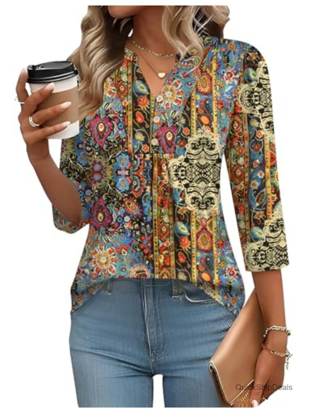 Womens 3/4 Puff Sleeve Henley V-Neck Pleated Tunic Blouse Casual Work Top